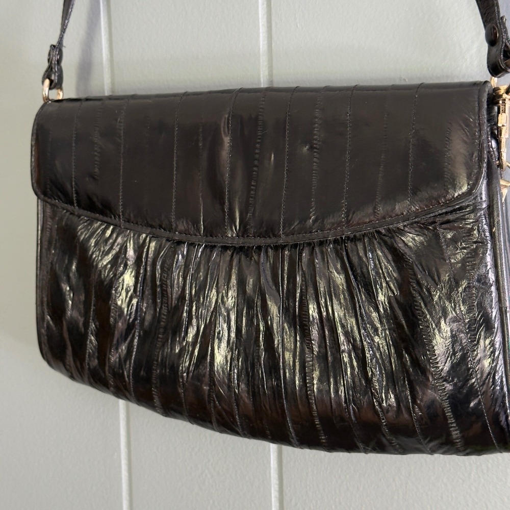 Vintage Black Genuine eel Skin Purse Made Korea Ruched Rare Shoulder Bag Clutch‎